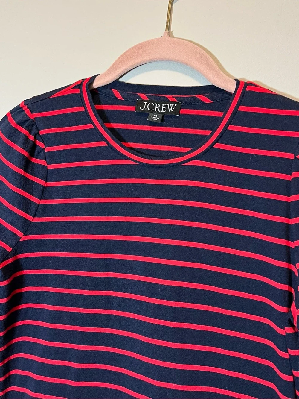 J. Crew Puff Sleeve Cotton Long Sleeve Shirt‎ Red Navy Blue Striped XS